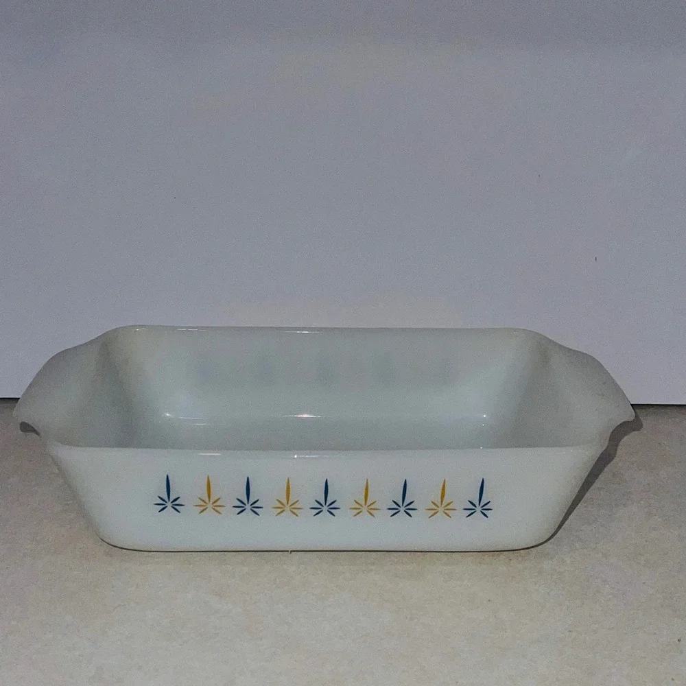 Fire-King Atomic Starburst Milk Glass Loaf Pan White Blue Gold Vintage MCM